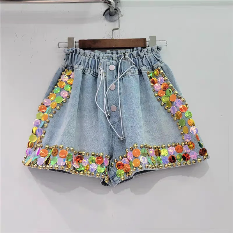 

Beaded Inlaid Large Colorful Crystals High Waist Wide-Leg Denim Shorts Female 2024 Summer New Booty Shorts Women