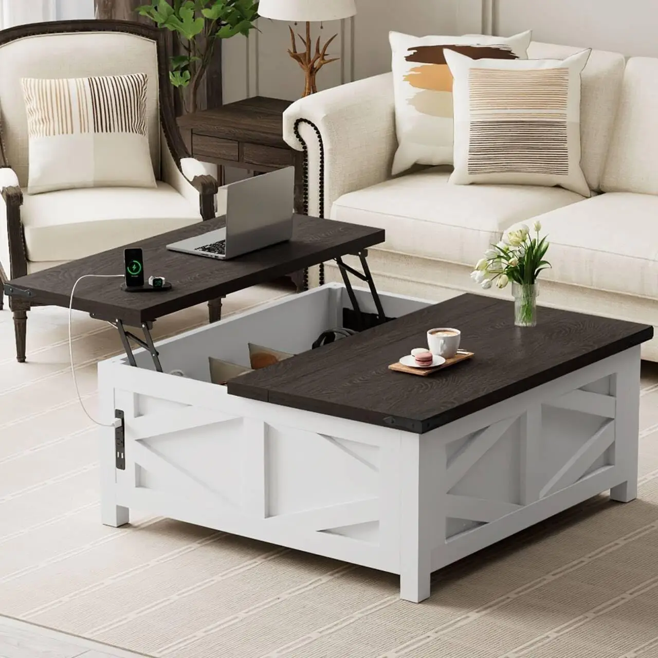 

Farmhouse Lift Top Coffee Table With Storage, Wood Square Center Table With Charging Station, Living Room Table, Customized
