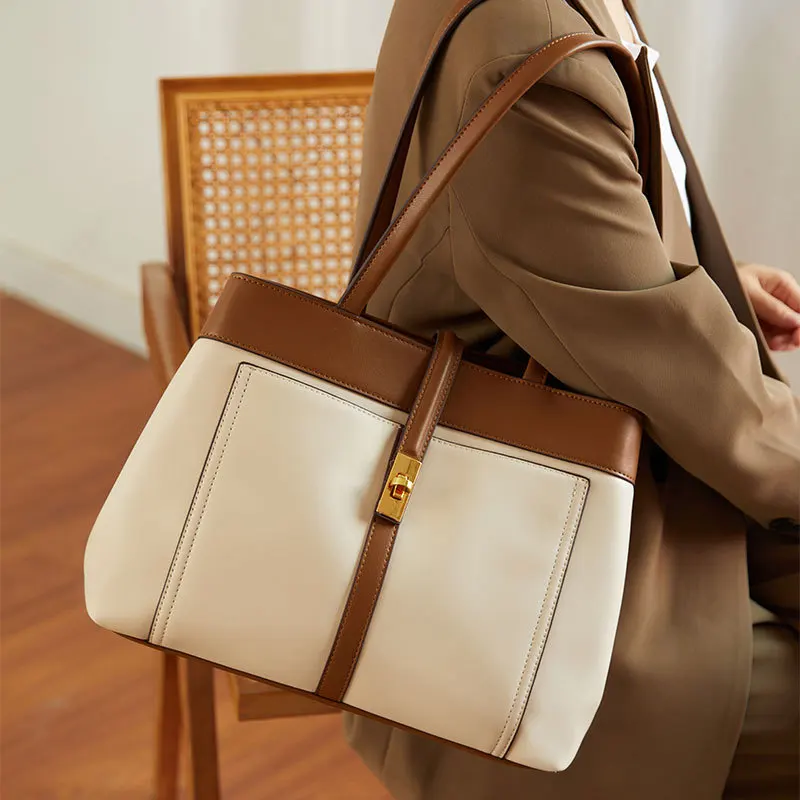 

Женская новинка 2025, высококачественная сумка-тоут, большая вместительная универсальная портативная сумка через плечо контрастного цвета для поездок на работу