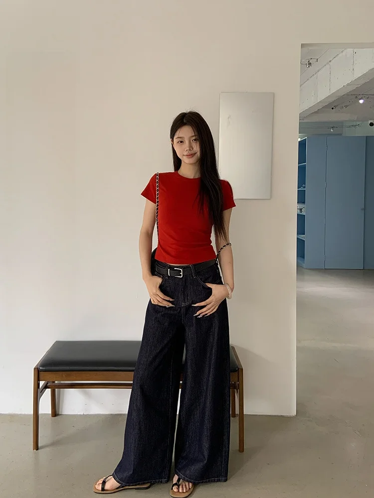 

YOKLASS Американские ретро свободные прямые джинсы повседневные ленивые широкие длинные брюки для молодых женщин темно-синие