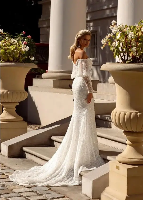 Personalizado requintado lantejoulas sereia vestido de casamento sem alças fora do ombro vestido de noiva espartilho capela trem vestido de noiva