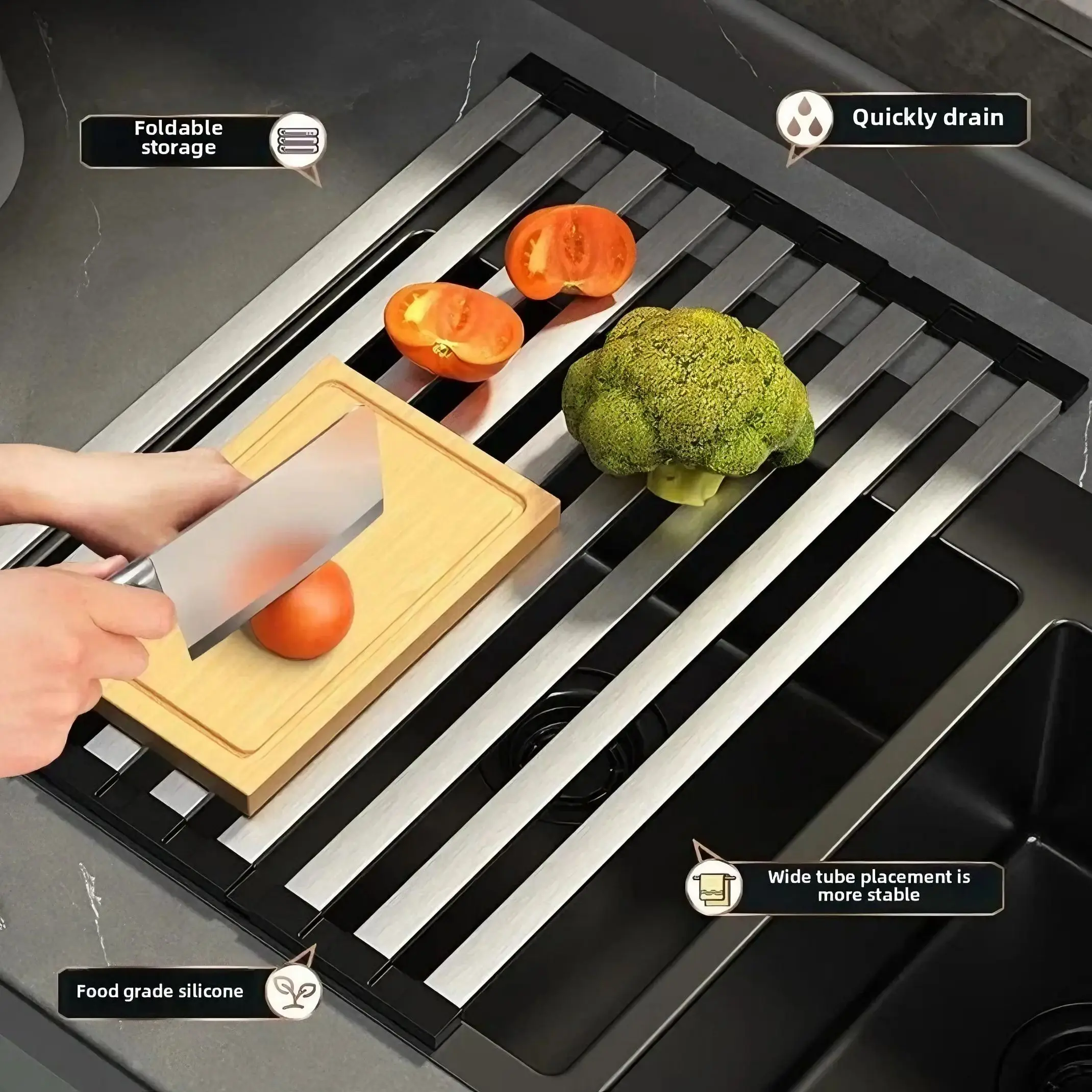 طوي قابل للسحب 304 حوض مطبخ ستنلس ستيل استنزاف رف طبق سلة التخزين - منظمة المطبخ بالوعة حامل السلطانية