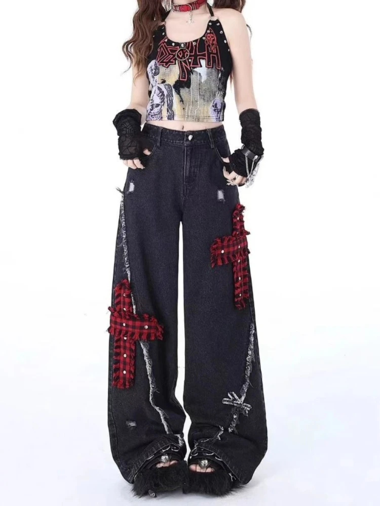 

Y2k Harajuku Vintage Jeans High Waist Plaid Patchwork Raw edge Wide Leg Pants Spicy Girl Punk Gothic Casual Loose Women Clothing