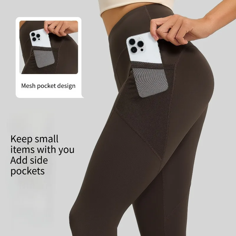 2025 خريف جديد شبكة الجانب جيب الرياضة سراويل رياضية الجري تمتد عالية الخصر و الورك رفع اليوغا السراويل النسائية طبعة رقيقة