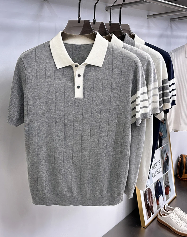 Hochwertiges Stricken Kurzarm POLO Shirt Herren neue Mode Luxus Marke Streifen Design weich komfortabel koreanischer Stil Freizeit Sommer atmungsaktives T-Shirt – Detail 12