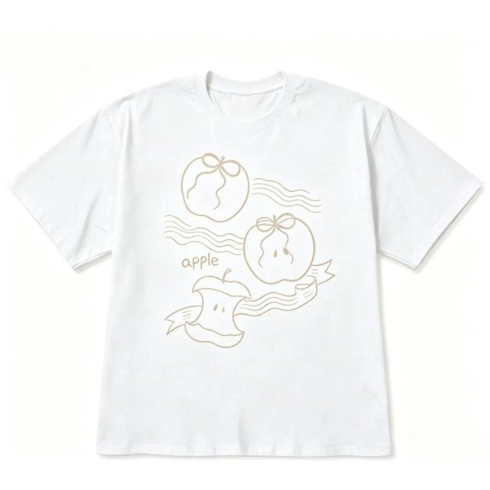 Y2k Fun Short Sleeve Women's Clothing Cute Apple Print Crew Neck Tee Kawaii Graphic Casual Top Korean Aesthetic Sweet Streetwear