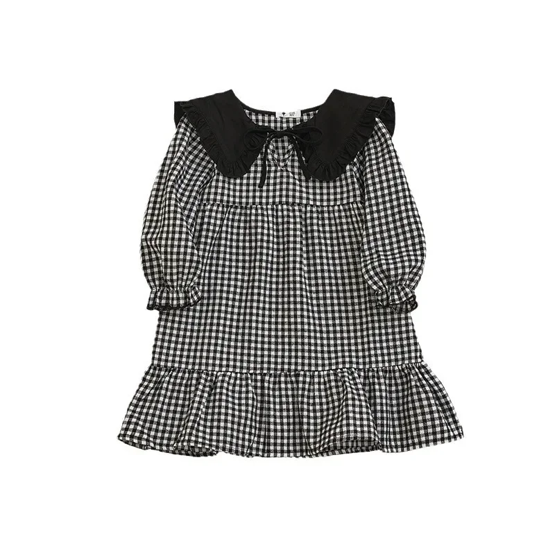 Spring Autumn Toddler Girls Dress Cotton Lace Lapel Infant Babys Girls Dress Loose Long Sleeve Plaid Young Kids Girls Dress