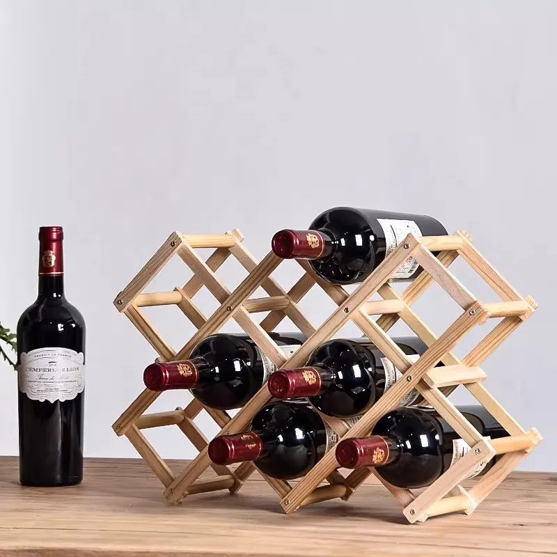 Wooden Diamond Wine Bottle Rack, Foldable Multi-Functional Storage Stand with Cup Holder, Space-Saving Countertop Organizer