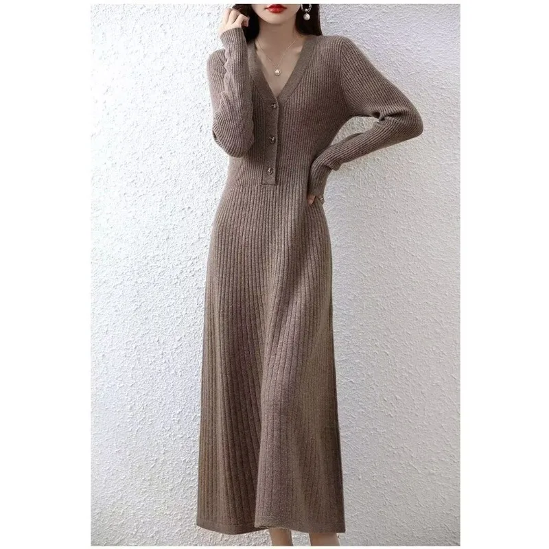 Women V Neck Knit Dress Long Sleeve Button Decor Slim Fit Long Sweater Dress