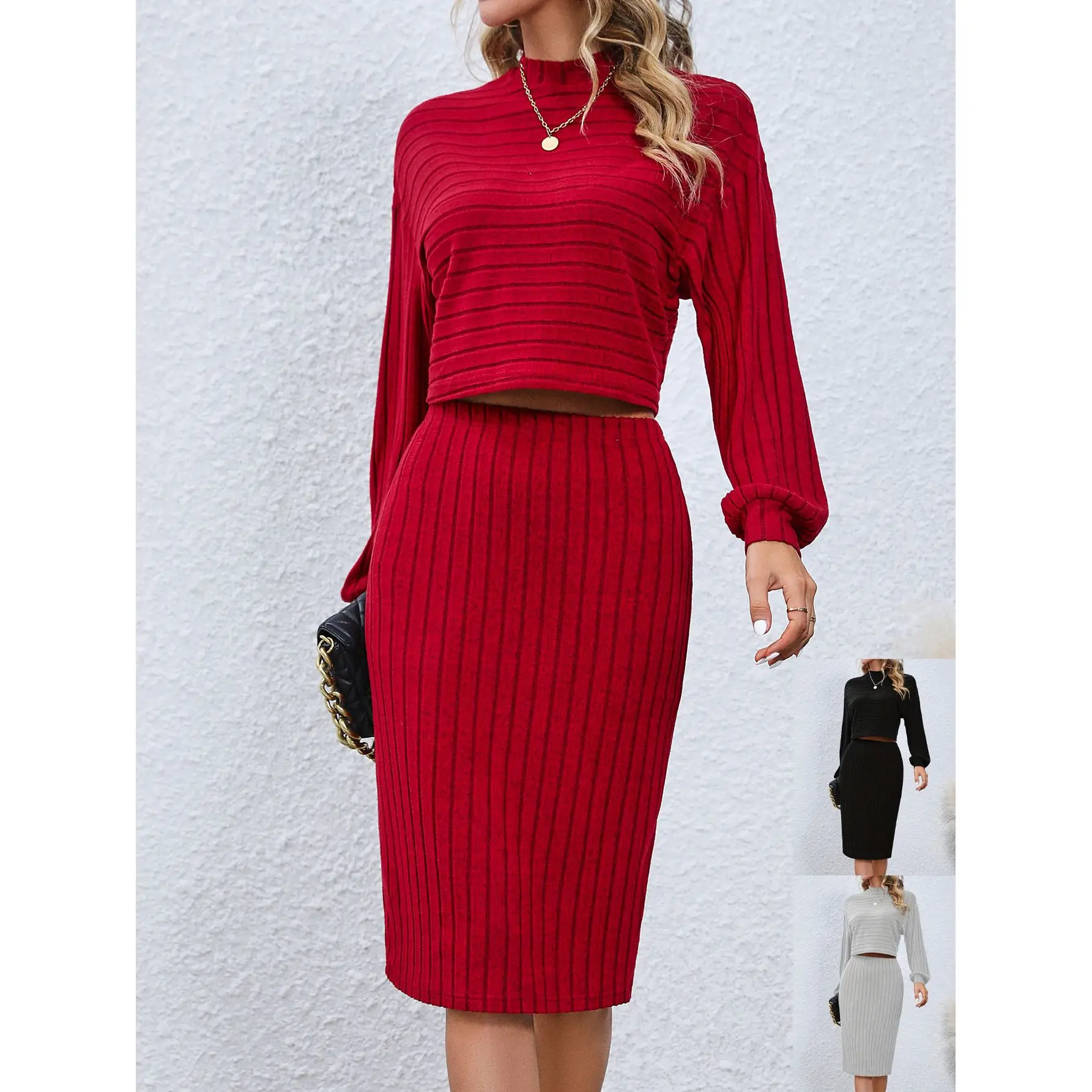 

2024 New Arrivals Matching Sets Long-sleeved Top Solid Color Hip Skirt Two-piece Set Women's Clothing