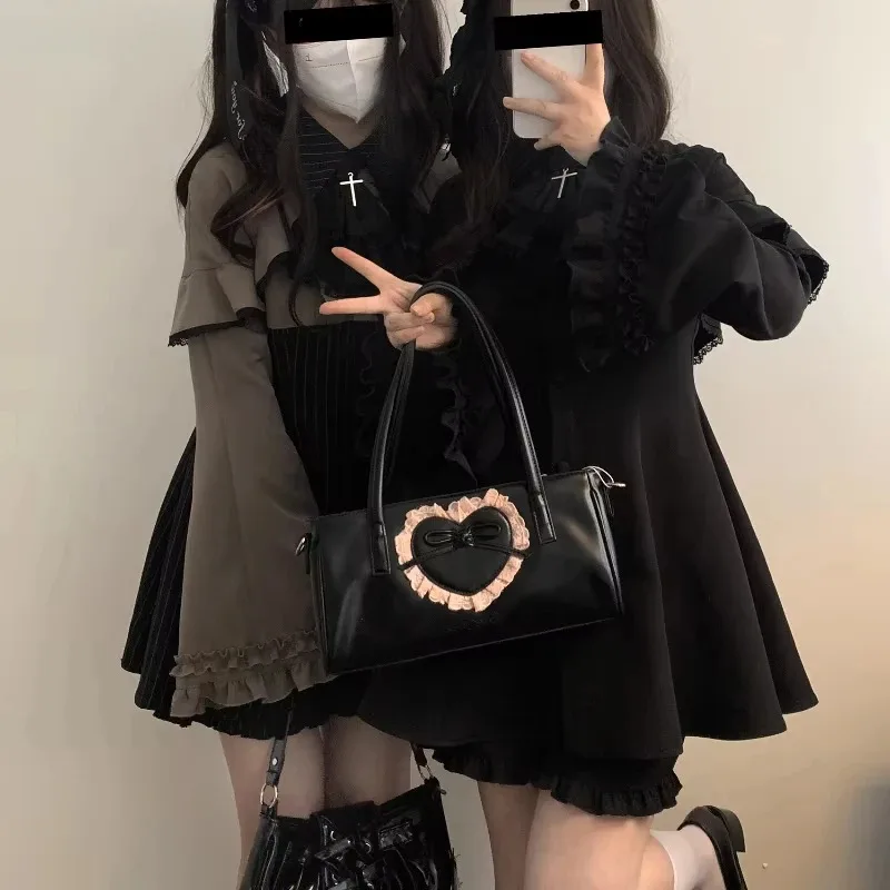 Vintage Lolita Style Mini Dress Set Women Gothic Y2k Loose Flare Sleeve Fake Two Pieces Party Dresses Female Kawaii Cute Vestido