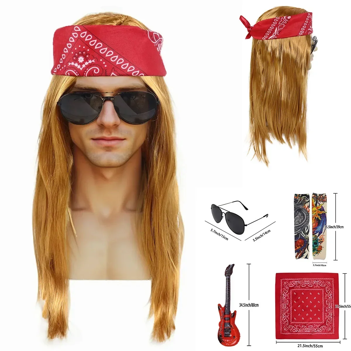 Synthetic Hair Men Costume Wigs Rocker Costume Wig Men Hippie Wig with Bandana Sunglasses Sleeves for 80s Punk Party Accessories