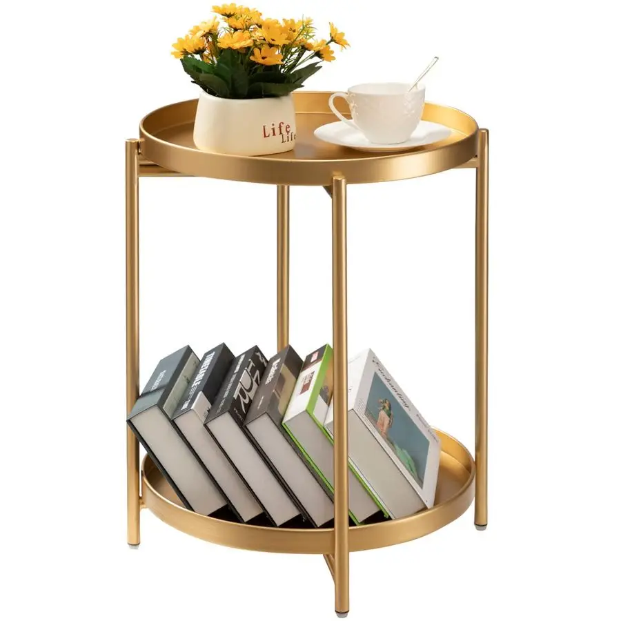 

2 Tier Gold Side Table, Folding Round Metal End Table Small Nightstand with Two Removable Tray for Bedroom Living Room Small Spa