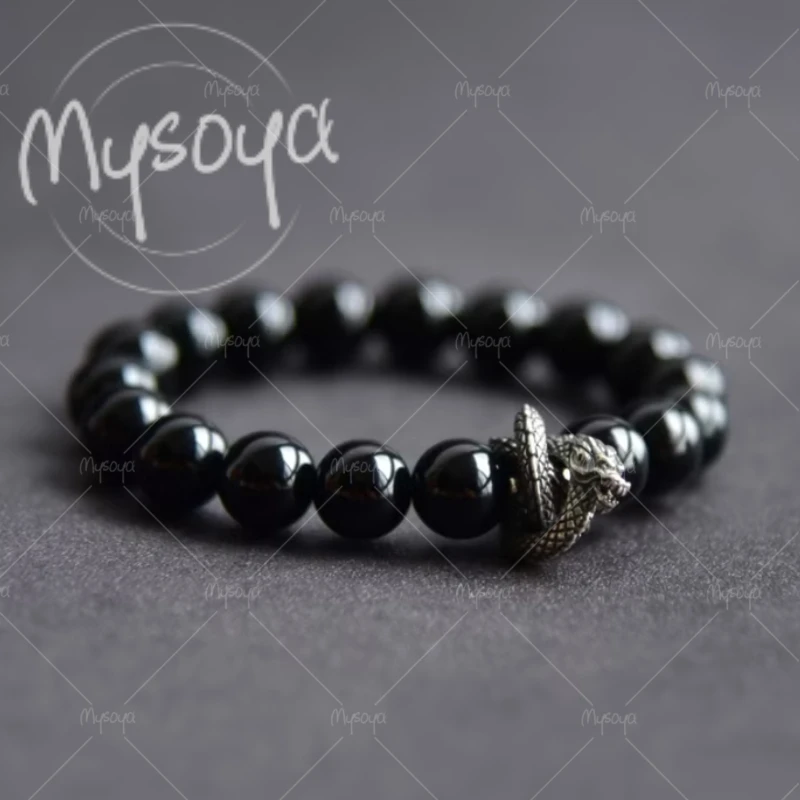 

MYSOYA Natural Pure Black Ebony Black Obsidian Panlong Bracelet 10mm Unisex Jewelry, with Gift Box Na02