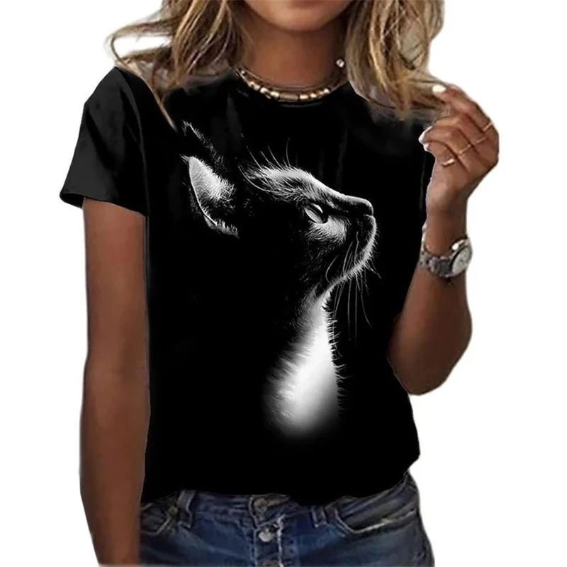 Desenhos animados 3D de mulheres Anime Gatos Imprimir Camiseta, Camiseta kawaii, Tops extragrandes, Roupas Femininas, Preto, Nova Moda, 2022, 2024