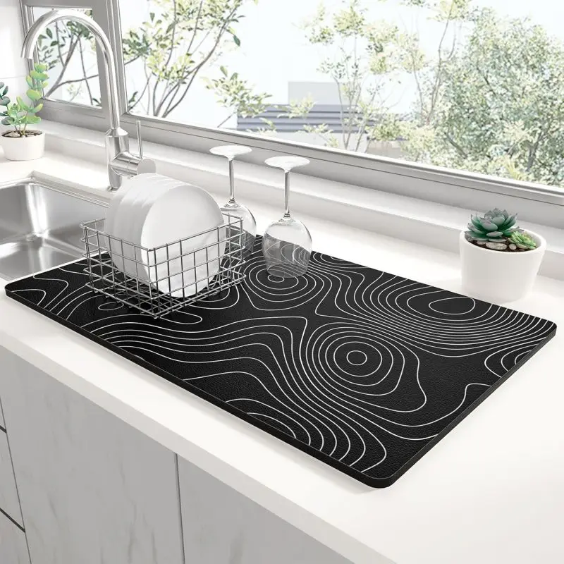VIKAMA White Marble Vein Print Dish Drying Mat Non Slip Quick Dry Kitchen Counter Pad Home Barista Coffee Station Drainage Mat