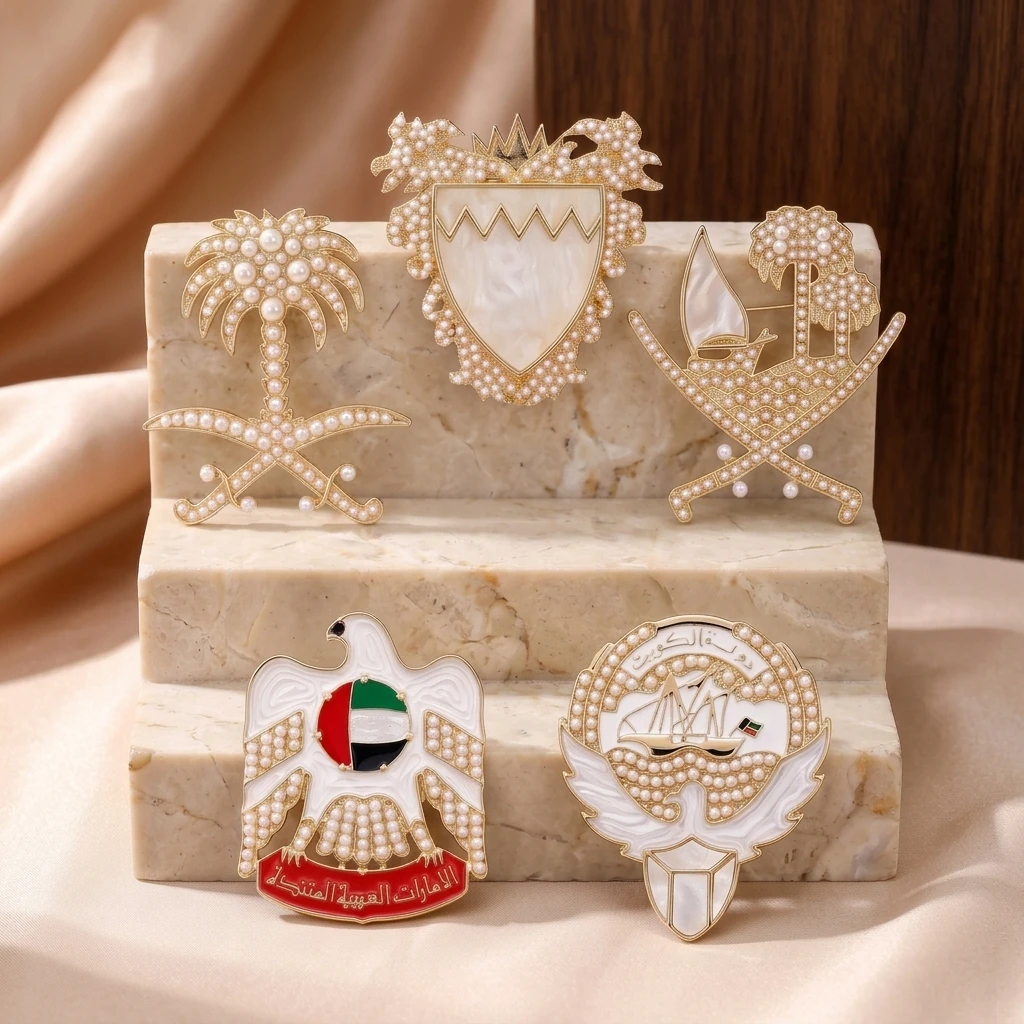 Luxury Pearl Middle East Map Badge Brooches for Women Unisex Trendy Patriotic Pins Casual Party Jewelry Accessories Gifts