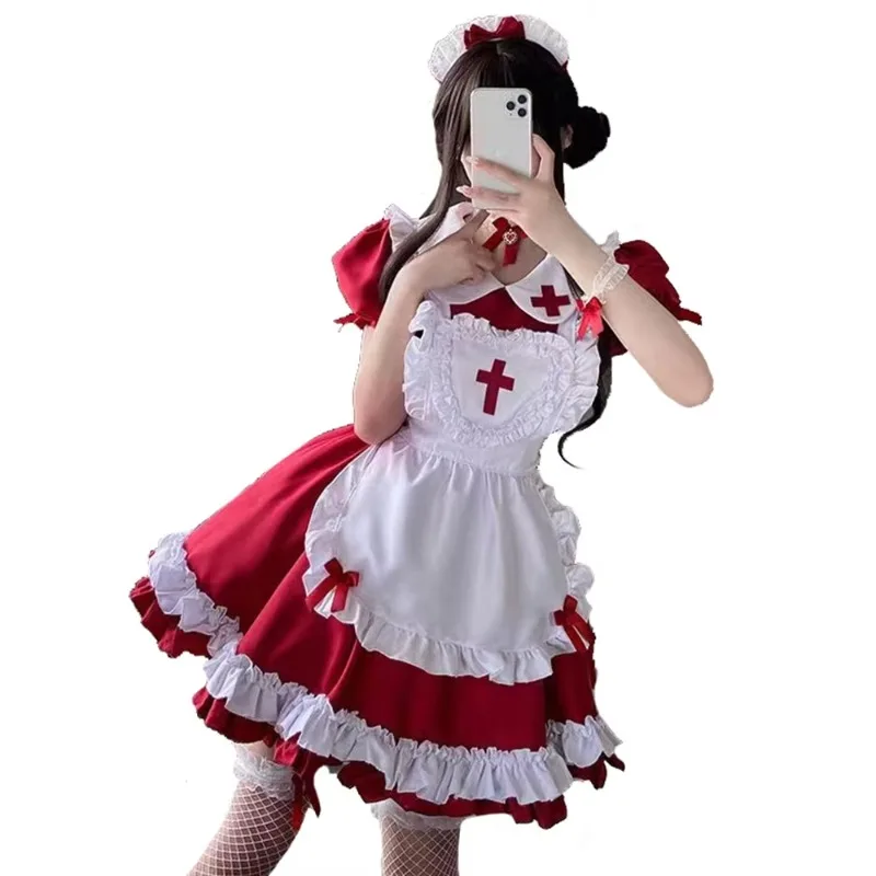 Japanese Maid Outfit Cute Girl Women Plus-Size Maid Dress Red Black Cross-shaped Nurse Cosplay Costume Clothes Set