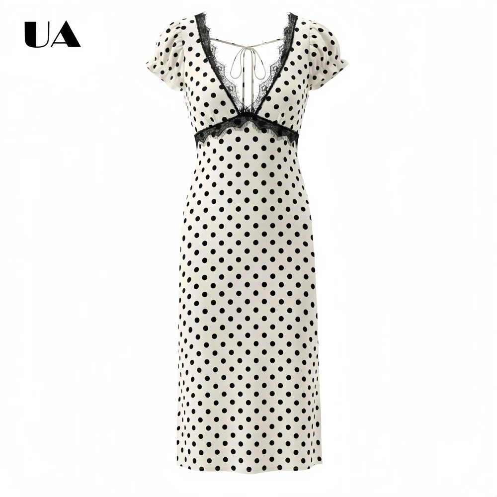 

Fashionable Sheath Polka Dot Lace-trimmed Midi Dress Vintage V-neck Lace-up Long Dresses for Women, Elegant Puff Sleeve Dress