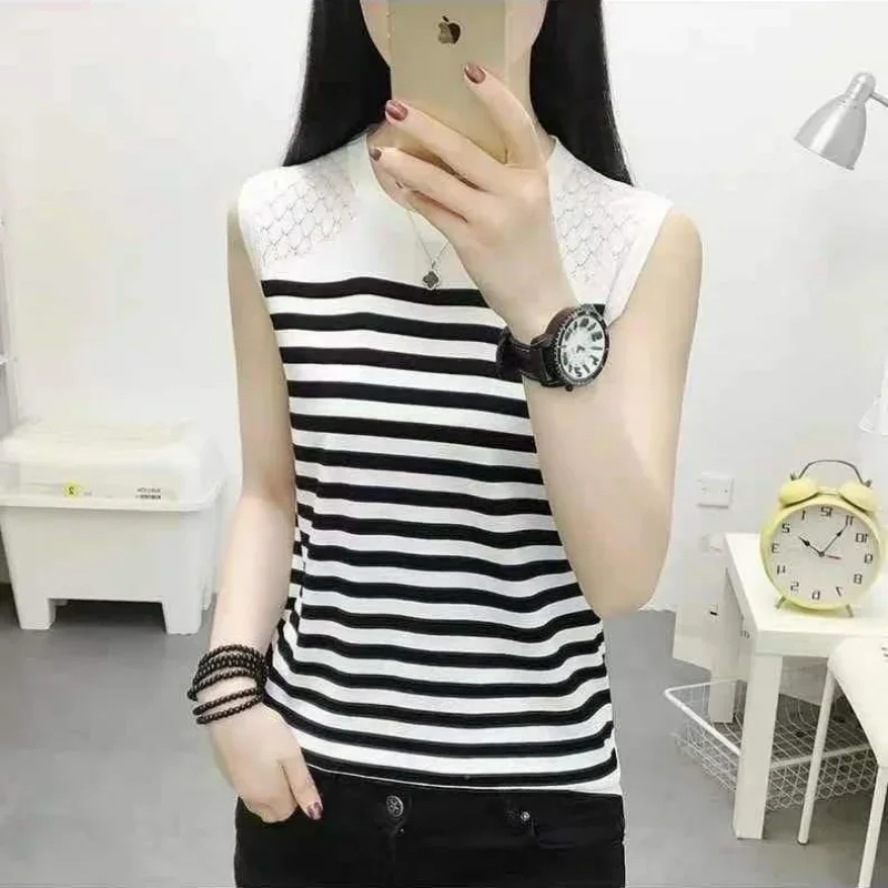 

Корейский модный темпераментный простой летний новый тонкий вязаный жилет женский лоскутный полосатый тренд повседневный универсальный свободный топ без рукавов