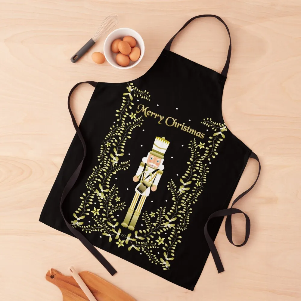 

Merry Christmas White and Gold Nutcracker vintage greeting card style design Apron Women'S Home Clothes Cute Kitchen