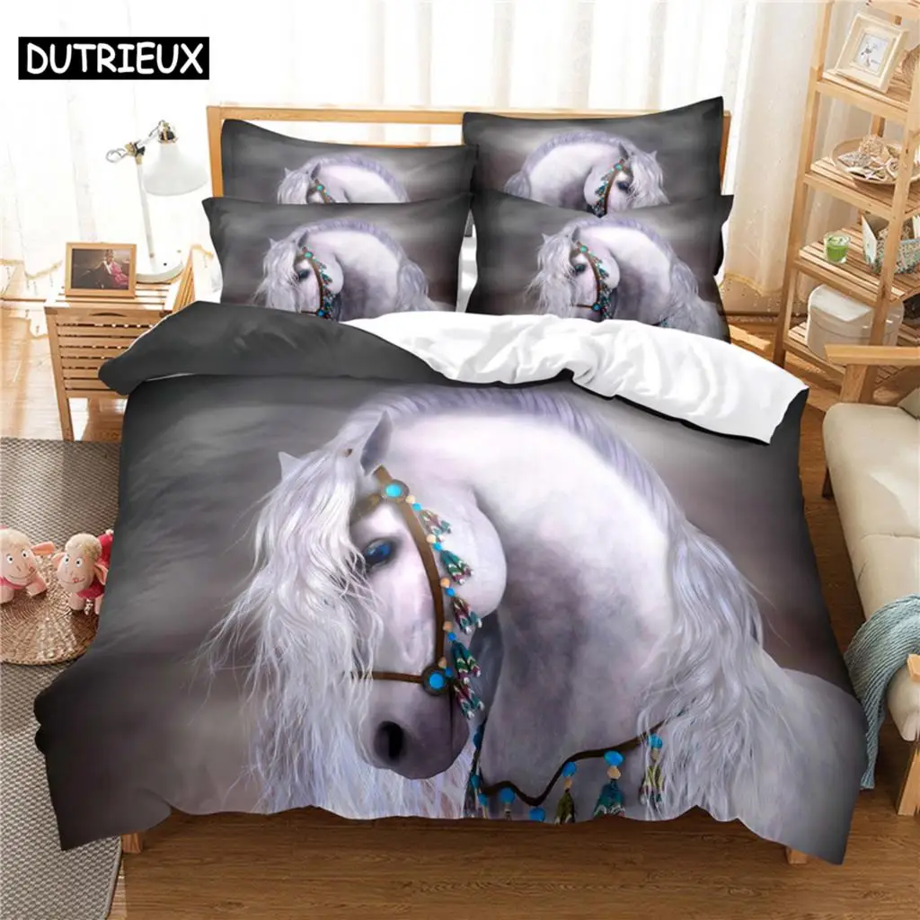 

3D Printed Queen Size Bedding Set with Horse Theme, Duvet Cover Set