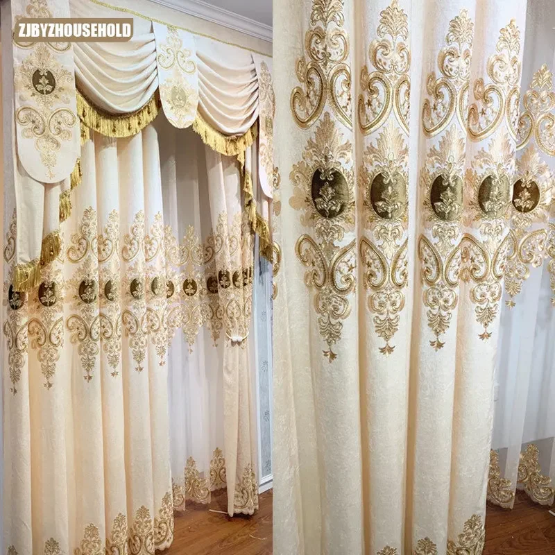 Champagne Color Curtains for Living Dining Room Bedroom European Living Room Chenille Gold Embroidery Curtains