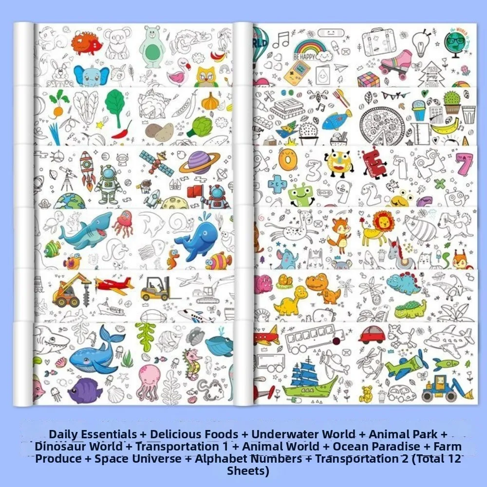 Graffiti Scroll Canvas Dinosaur World Transportation Painting Roll Hand-drawn Painting Color Filling Children's Drawing Roll