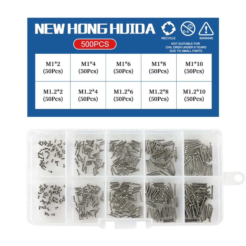 M1 M1.2 M1.4 M1.6 M2.5 M3 Small Machine Screw 304 Stainless Steel Phillips Round Head Cross Metric Bolt Box Set Assortment Kit