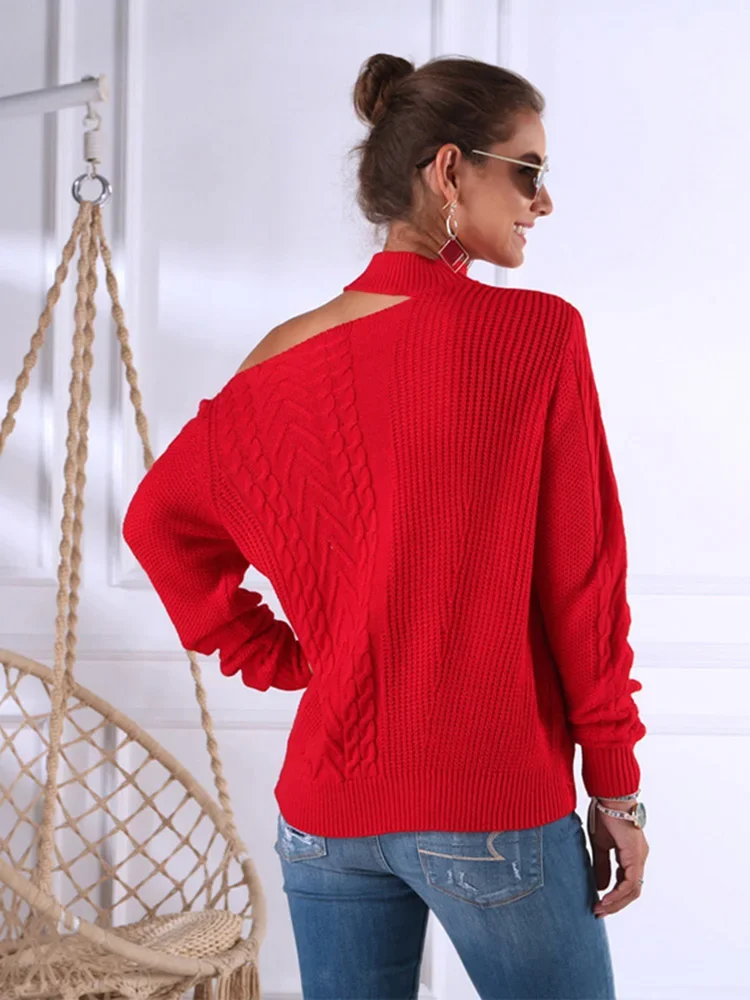 Autumn Winter Women\'s Hanging Neck Strapless Sweater New Hollow Open Shoulder Pullover Tops Orange Sweater GD197