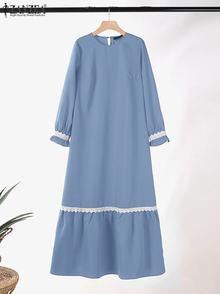 ZANZEA-Vestido largo de retazos de encaje para mujer, vestido de verano musulmán Abaya Hijab, bata de manga larga con cuello redondo, Vestidos sueltos, otoño 2024