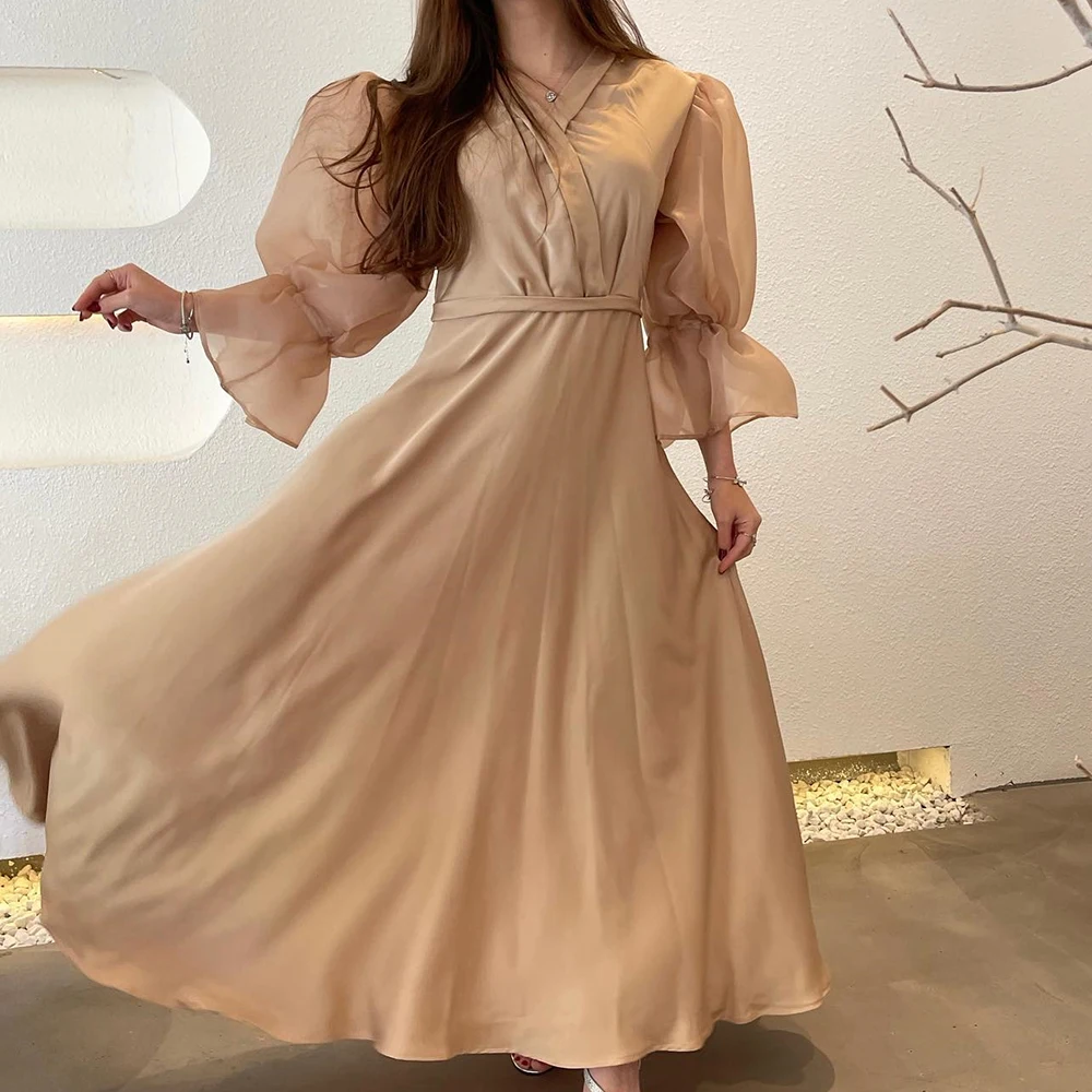 

Temperament Jersey A-Line Flare sleeves Evening Dress V-Neck Floor Length Long Sleeves Panel Train Photo Color فساتين سهرة