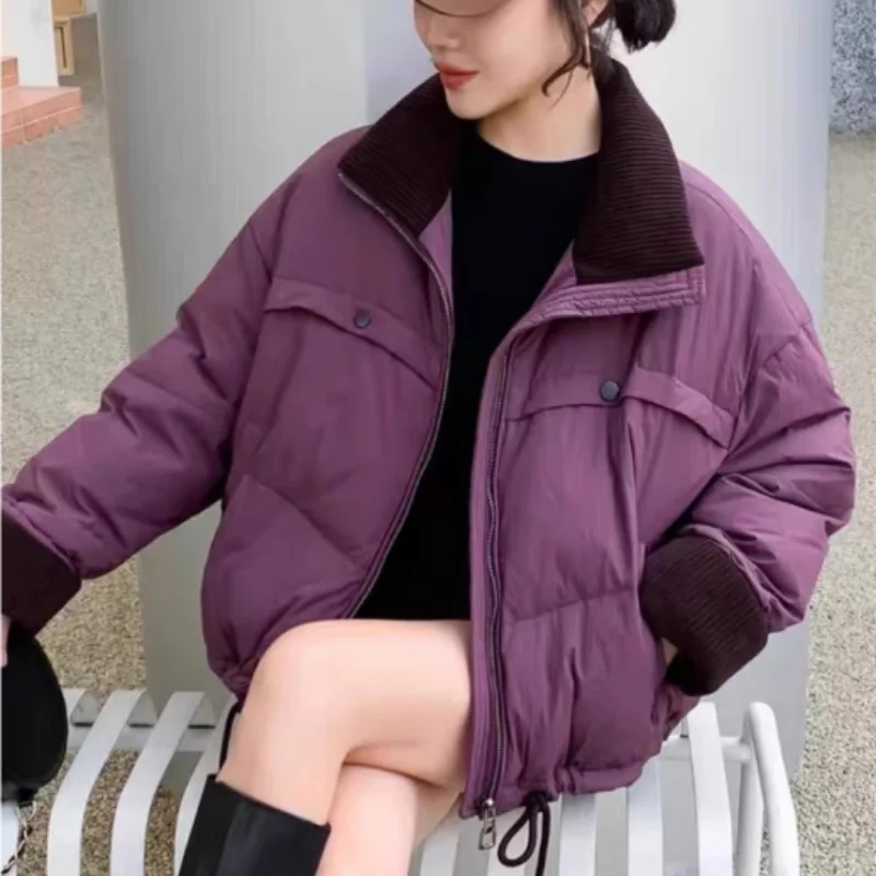 Short Jackets for Women Lapel Coats Down Color Collision Patchwork Bread Clothing Thick Warm Parka Korean Fashion Down Jackets