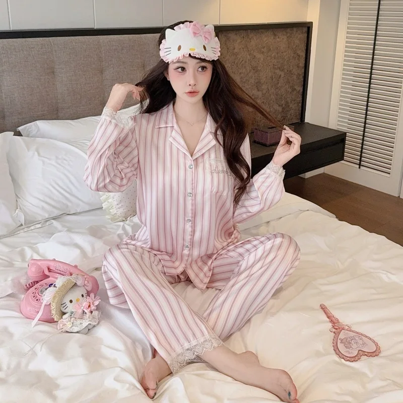 Women Girl Party Pink Stripe Ice Silk Pajamas Long-sleeve Pants 2piece Set 26 Summer Autumn Fashion Cardigan Nightgown Sleepwear