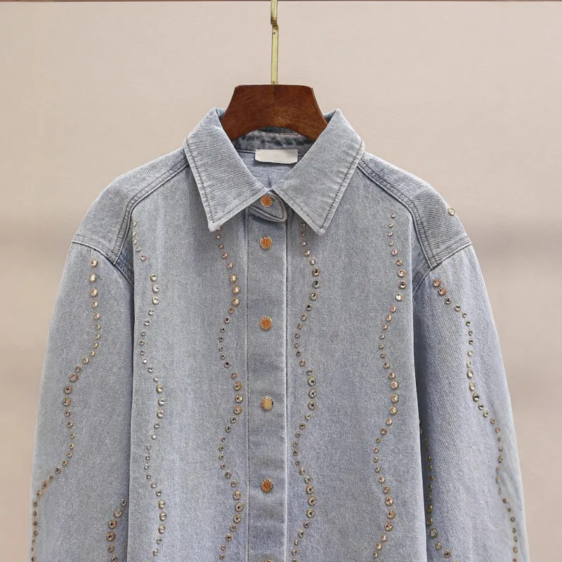 ANJY automne nouvelles femmes mode décontracté français Vintage élégant Denim chemise diamant embelli col rabattu tendance veste A12666