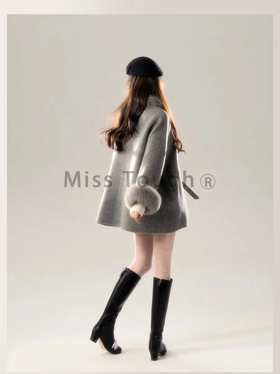 Winter Loose Button Vintage Gray Overcoat Women Korean Fashion Warm Hoodie Casual Outerwear New Design Chic Retro Wool Coat 2024