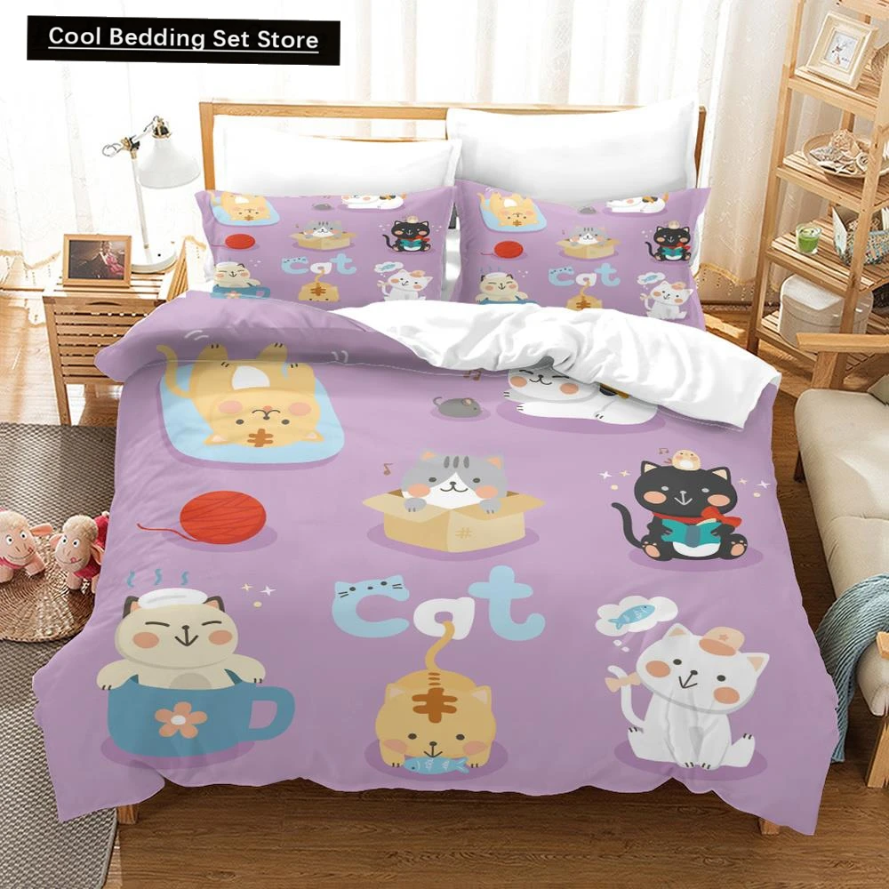 

Cartoon Cat King Full Queen Duvet Cover Lovely Pet Kitty bedding set Animal Quilt Cover 2/3pcs Purple Polyester Comforter Cover