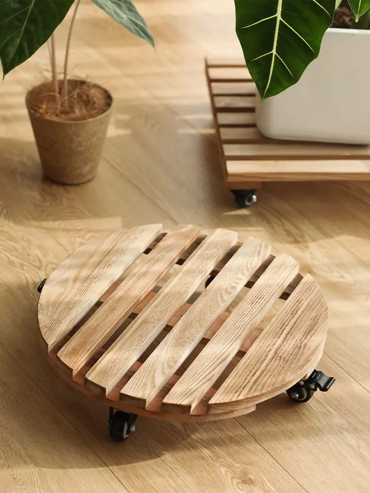 Round ash wood solid wood flower pot tray with roller brake wheel universal wheel green plant mobile base