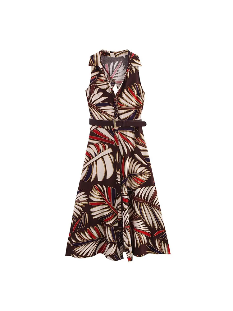 

Women Summer Shirts Dress 2025 Vintage Print V-Neck Belt Sleeveless Female Elegant Street Tank Dresses Clothing