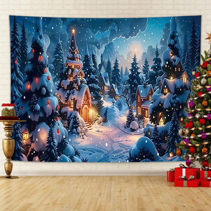VIKAMA Fairy Tale Snow Village Christmas Tapestry Background Cloth Wall Decoration Living Room Background Wall Room Decoration