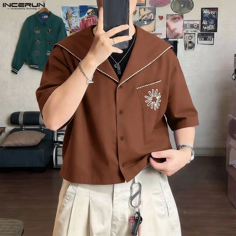 

INCERUN Men's Shirt Printing Patchwork Navy Collar Half Sleeve Men Clothes Streetwear Loose 2026 Fashion Casual Tops For Man