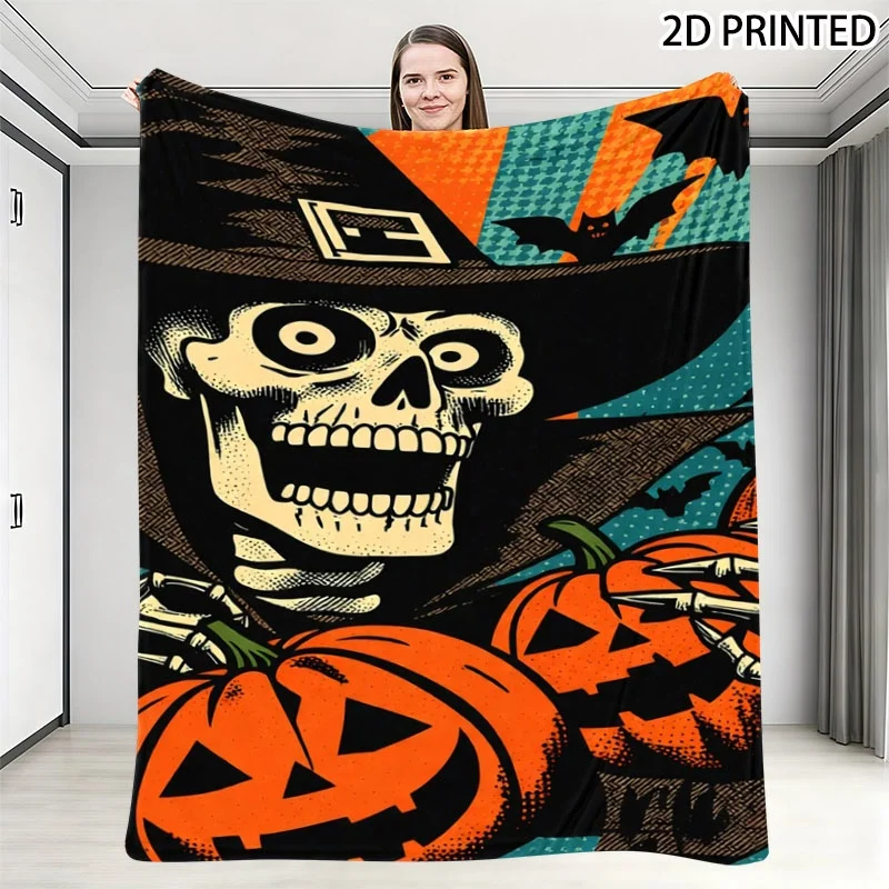 Retro Halloween Illustration Throw Blanket, Featuring Spooky Skeleton, Jack-O'-Lanterns & Bats with Bold Contrasting Colors, Mul