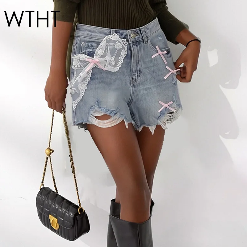 

Новые модные женские джинсовые шорты WTHT с кружевом, 3D-бантиками и рваными краями, весна 2026, с высокой талией, широкие штанины, модель 1LS2969