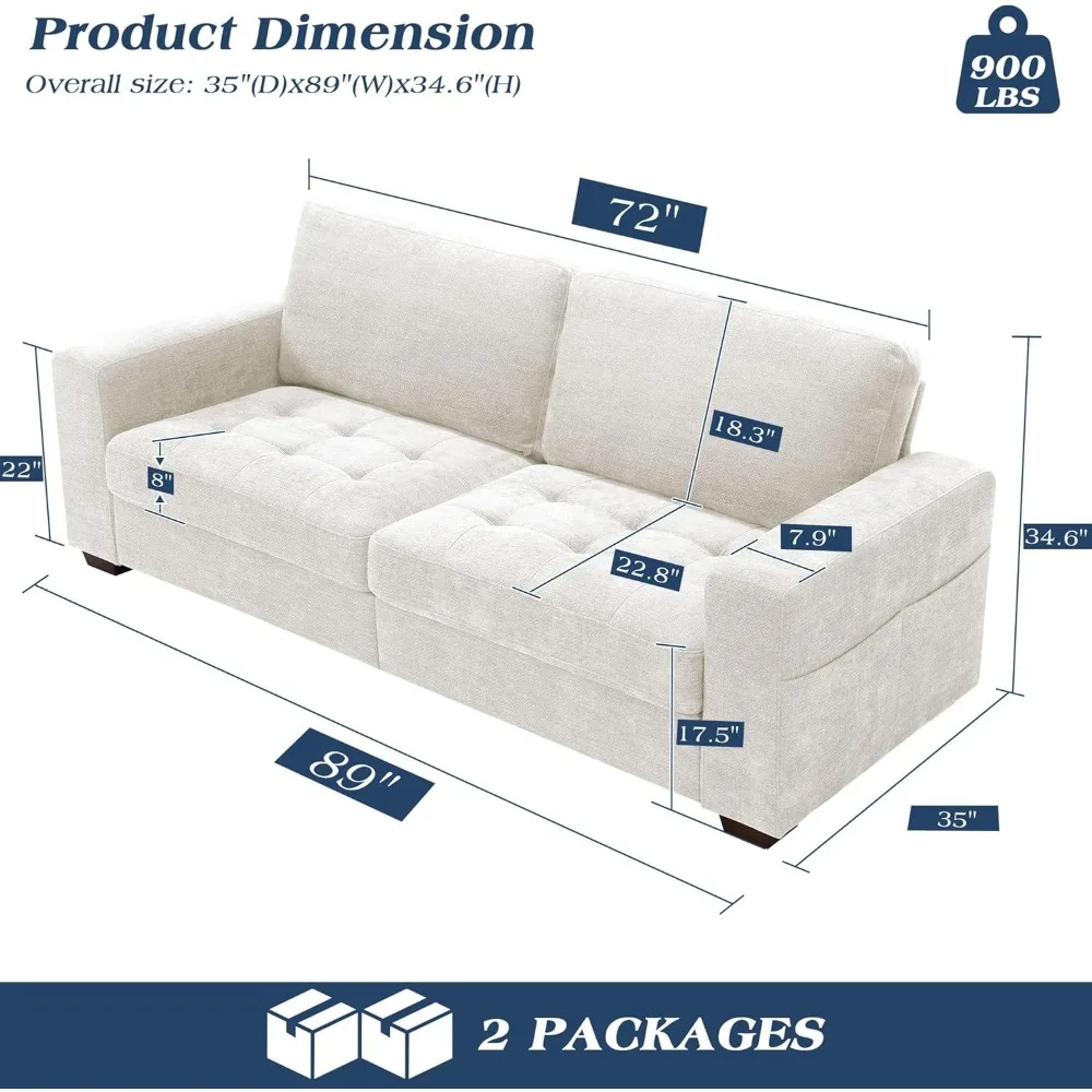 89 Inch Sofa Couch, Modern 3 Seater Couch with Removable Covers and USB Ports, Large Chenille Comfy Sofa for Living Room