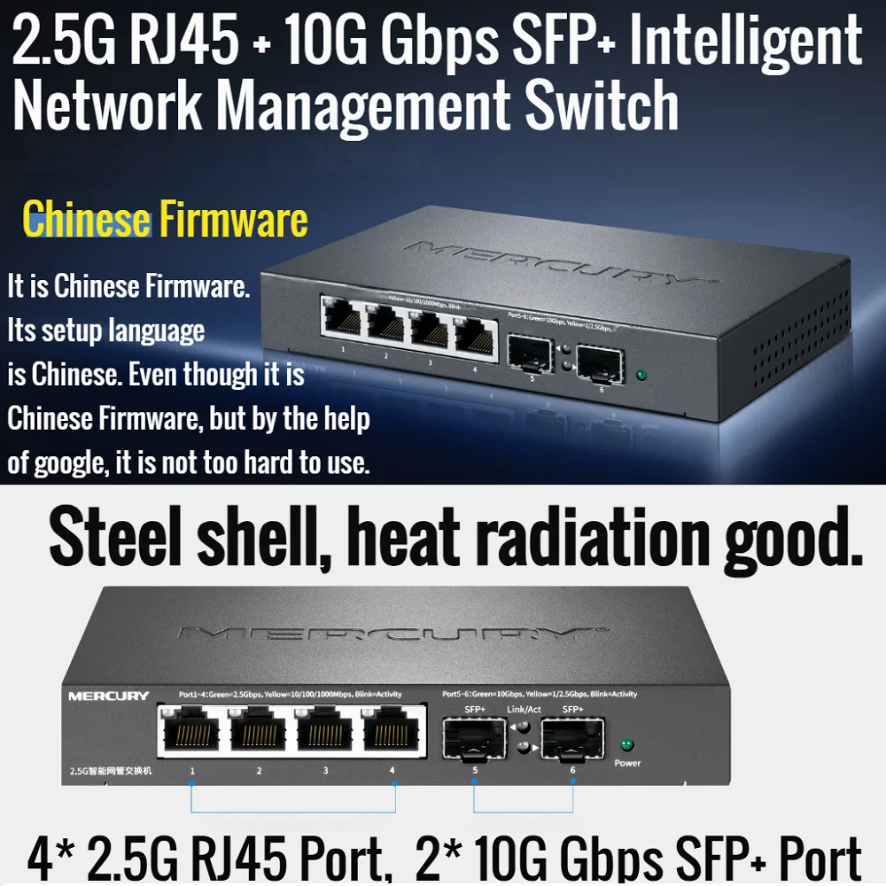

2.5G RJ45 Port 10G Gbps SFP+ Port Steel Shell 2.5G network management switch 802.1Q VLAN Multiple VLAN functions ChineseFirmware