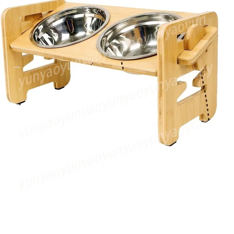 Adjustable Bamboo Pet Bowl Rack Double Bowl Small Dog Feeder Cat Feeder Shelf with Two Bowels for Dogs and Cats