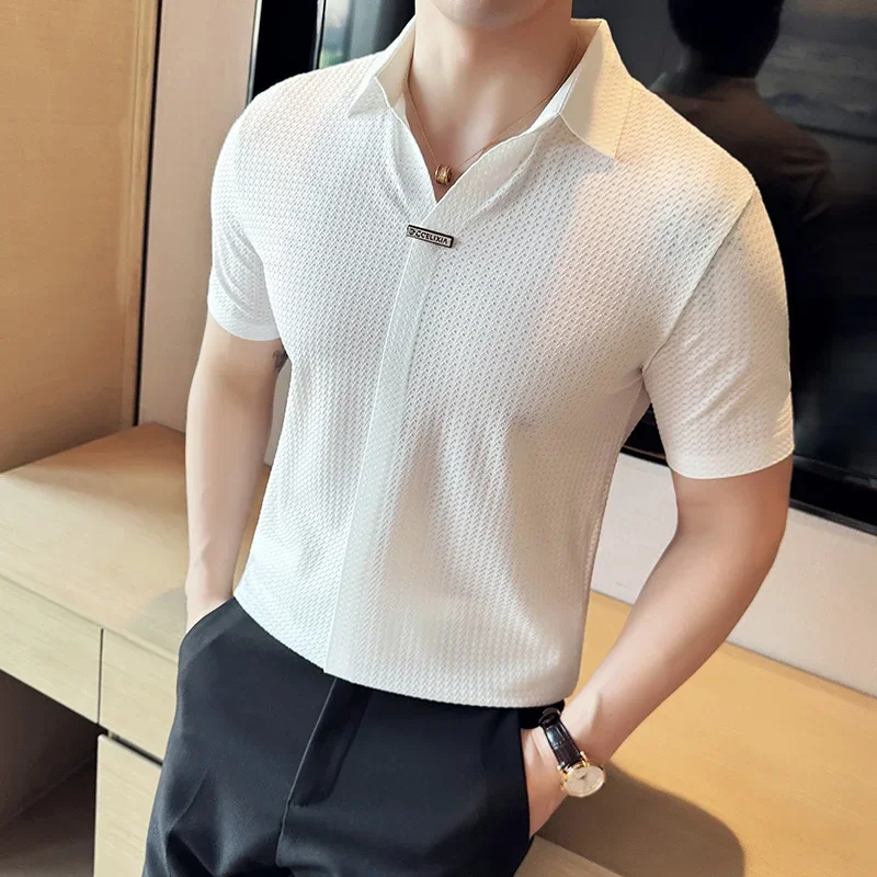 Men Waffle Polo Shirt 2024 British Style Summer Ice Silk Thin Solid Casual Elastic Slim Fit Short Sleeved T-shirt Men Clothing