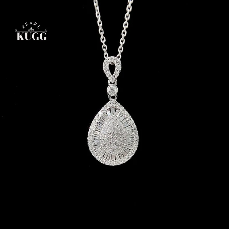 KUGG 100% 18K White Gold Necklace Women Elegant Water Drop Shape 0.50carat Real Natural Diamond Pendant Necklace Fine Jewelry