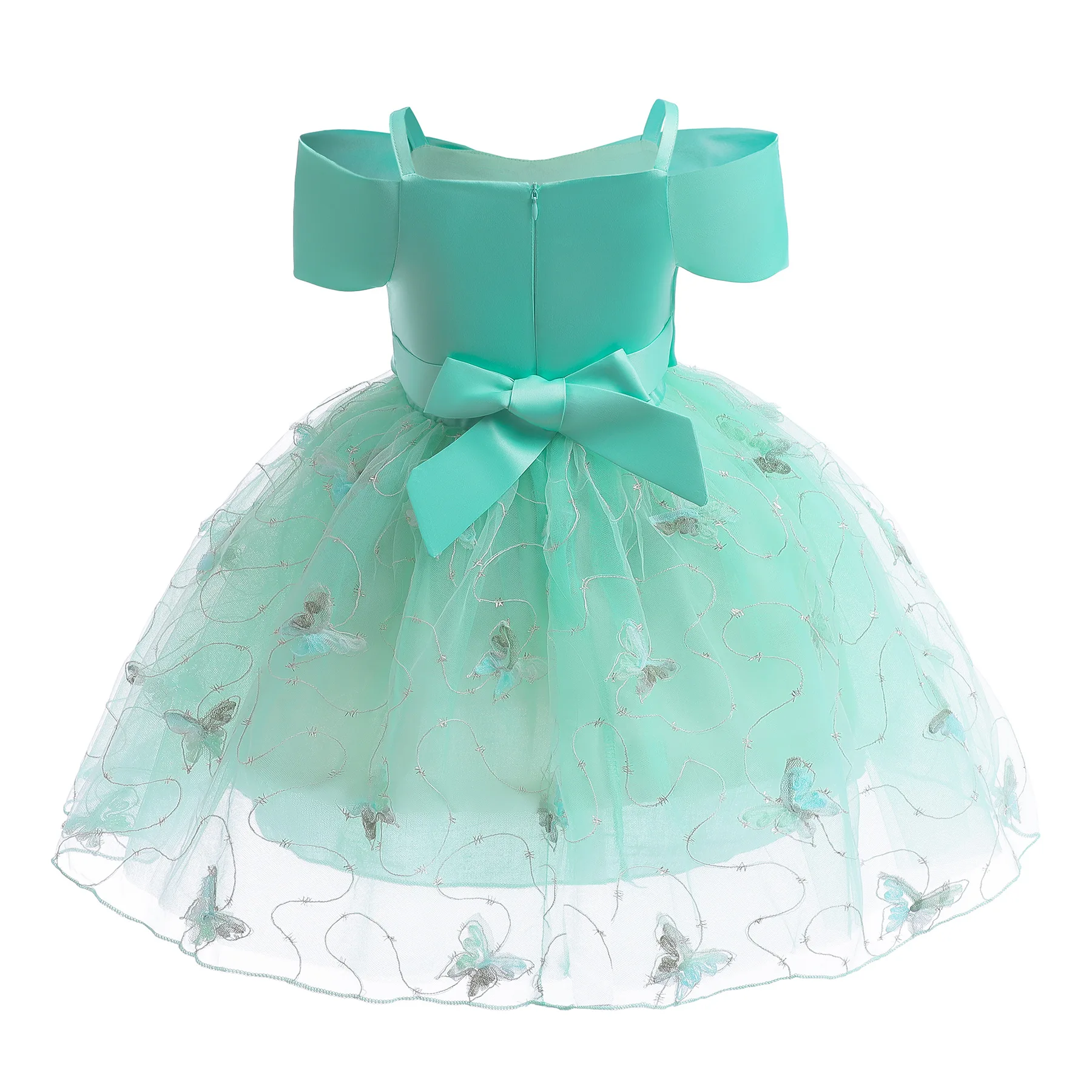 Bowknot Sweet Princess Dresses Girls Off Shoulder Butterfly Embroidery Dress Kids Birthday Party Casual Children Clothes