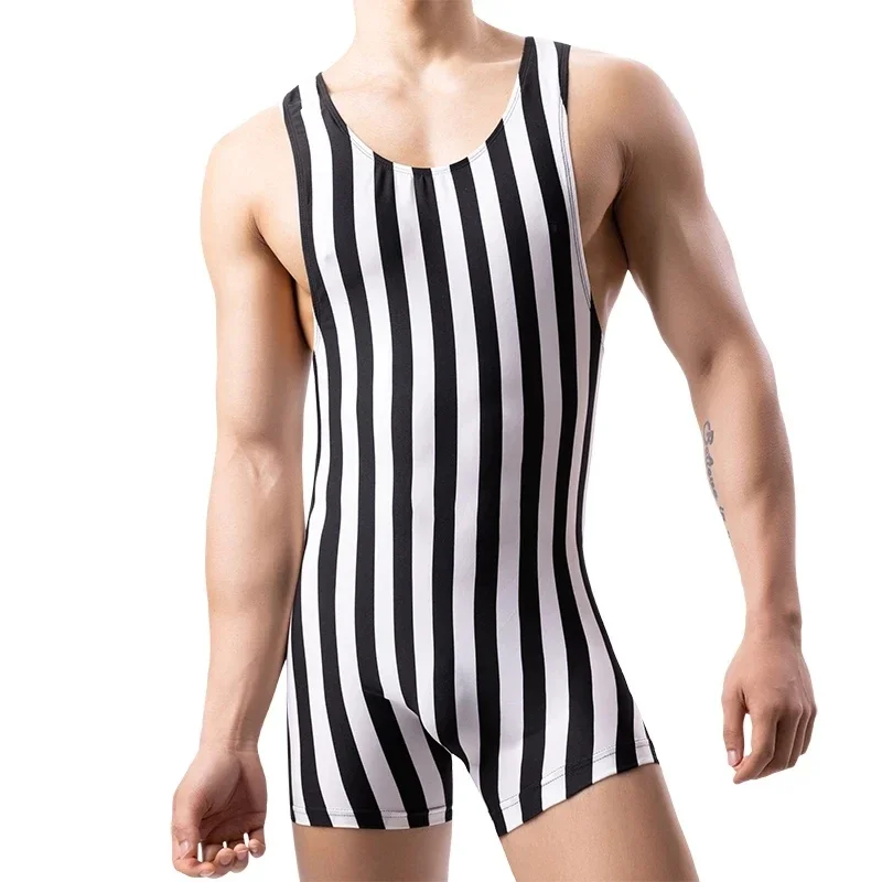 Mens Striped Bodysuits Undershirts Boxers Underwear Sleeveless Fitness Wrestling Singlet Slip Jumpsuits Leotard Seamless Rompers